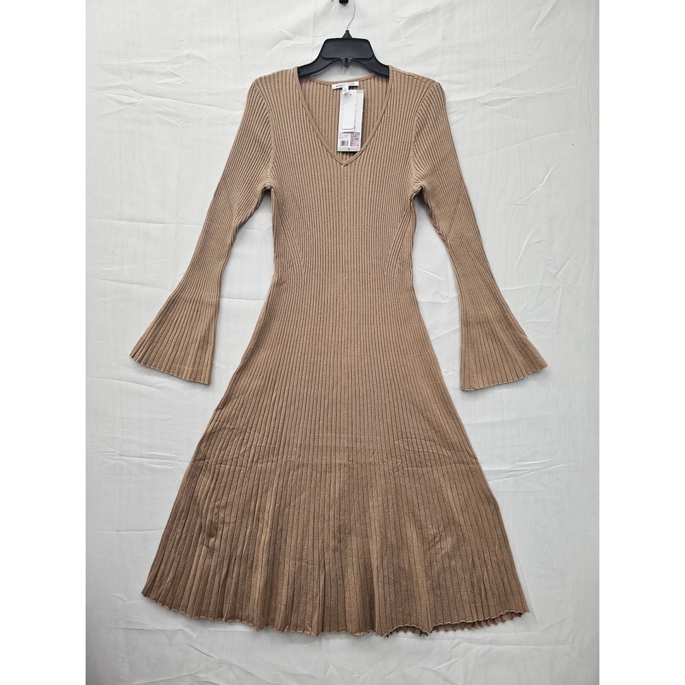Edited x Hunter McGrady Camel Ribbed Knit‎ V-Neck Bell Sleeve Midi Dress 1X